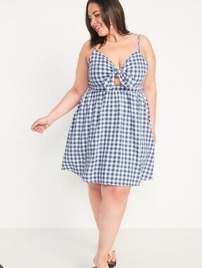 XL Old Navy Blue Gingham Tie-Front Mini Cami Dress Plus Size Bow Front